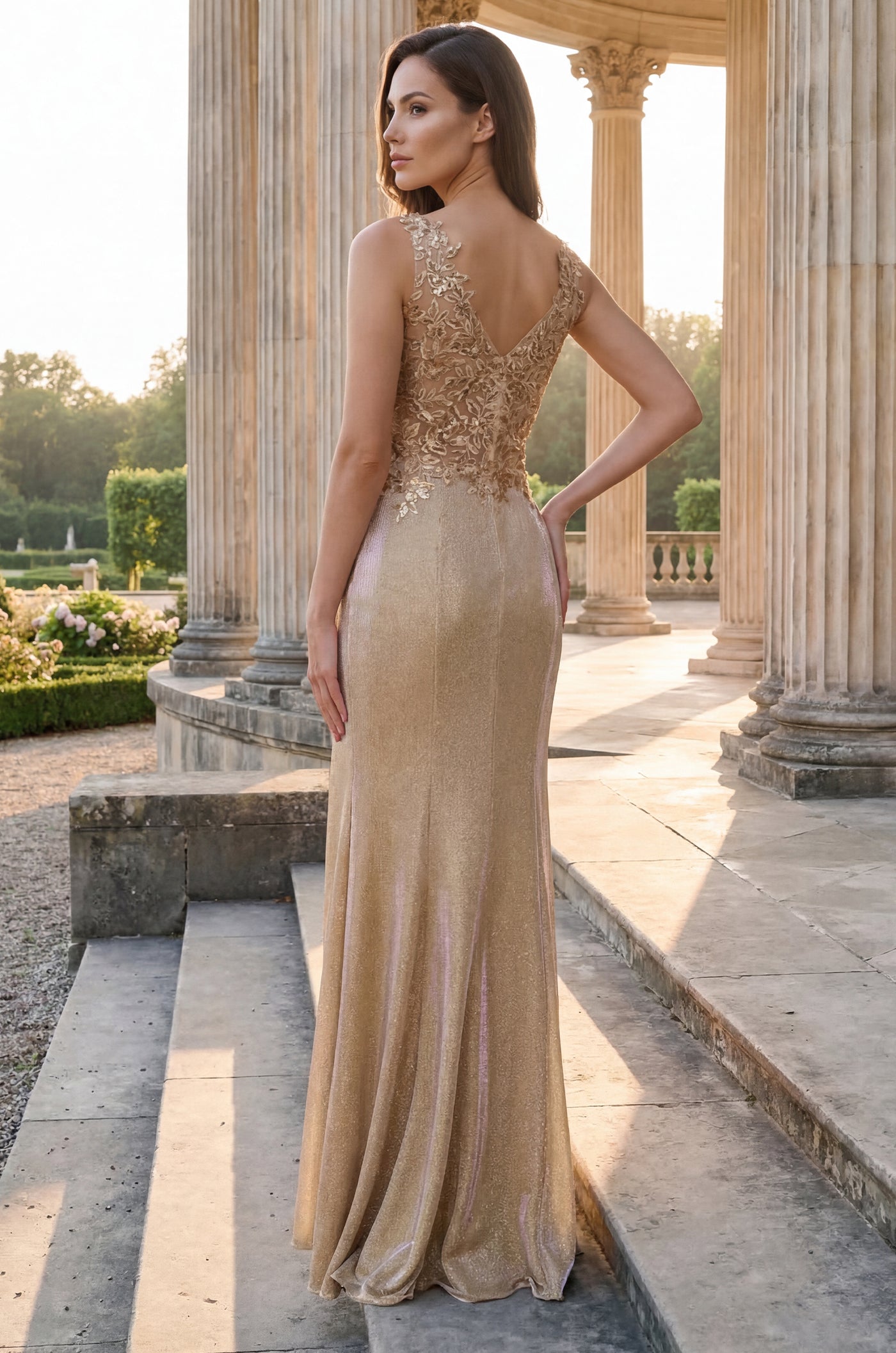 Kos Couture Long V Neck Metalic Formal Dress