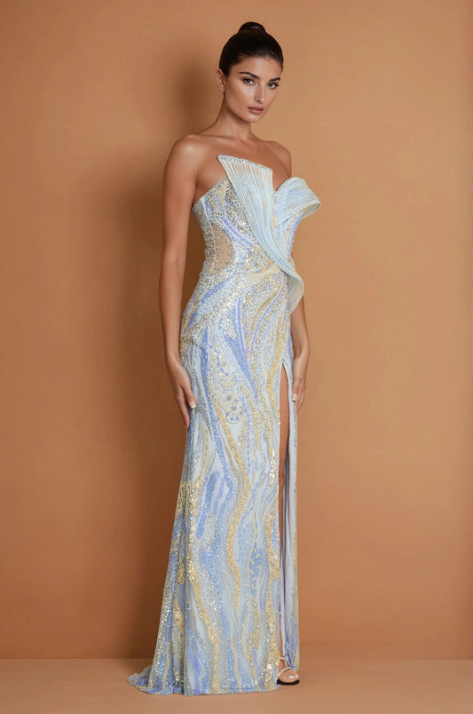 Formal Dresses Beaded Architectural Sculptural Couture Dress Paris Blue