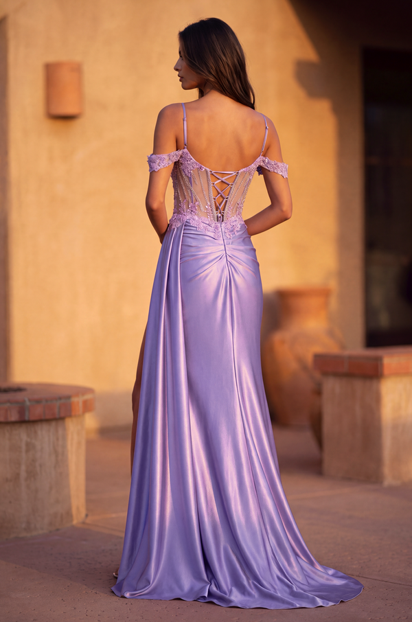 Kos Couture Corset Prom Long Dresss with Beaded Drape Slit