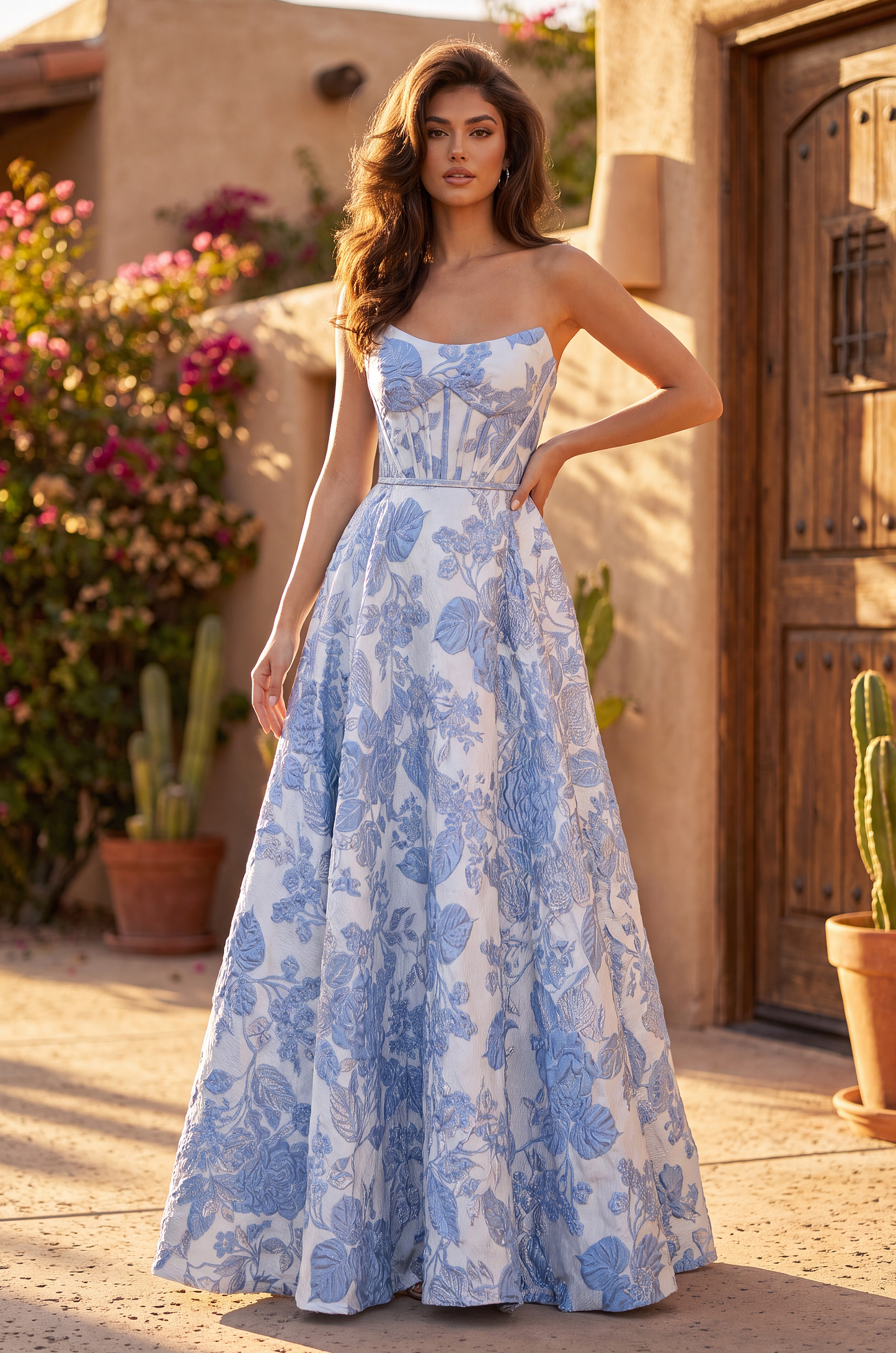 Prom Dresses Long Floral Jacquard Prom Dress Strapless Ball Gown Blue