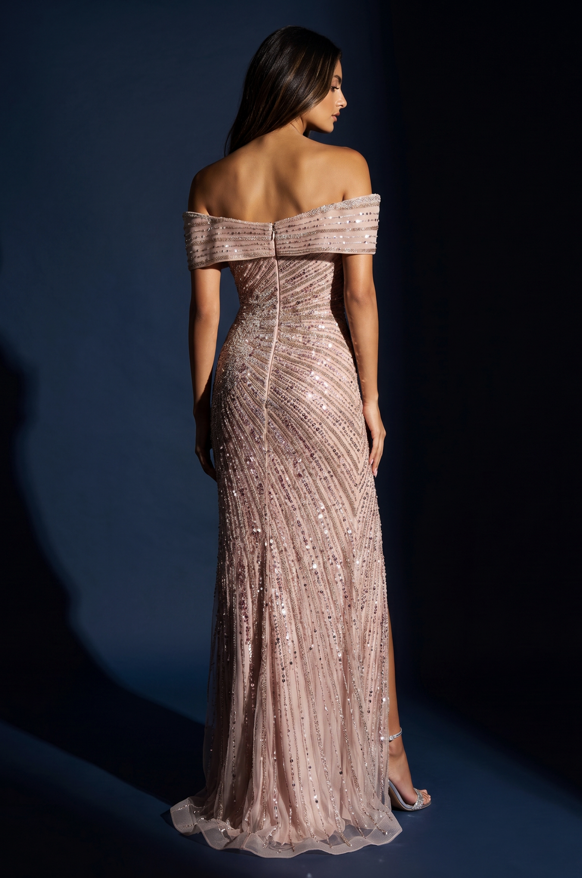 Kos Couture Formal Fully Beaded Sequined Fitted Evening Gown