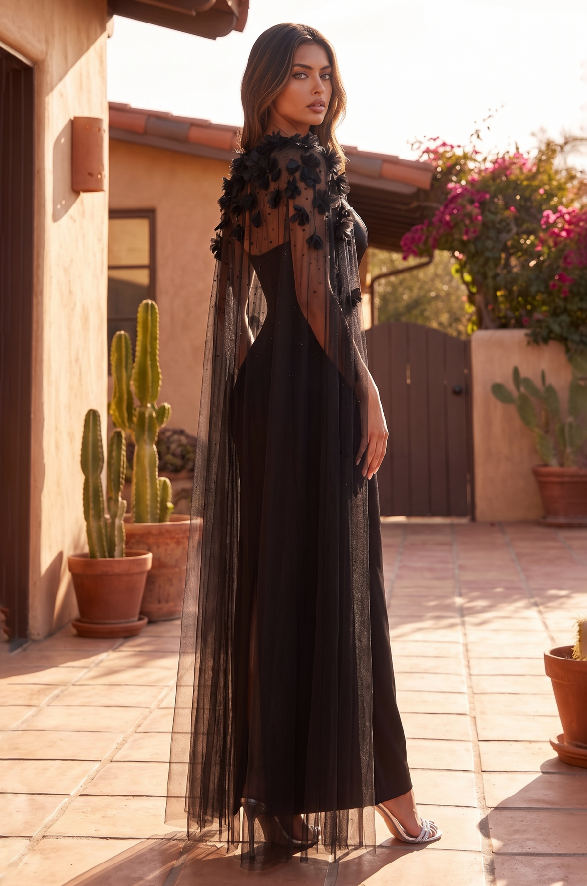 Strapless Feather Cape Gown in Black