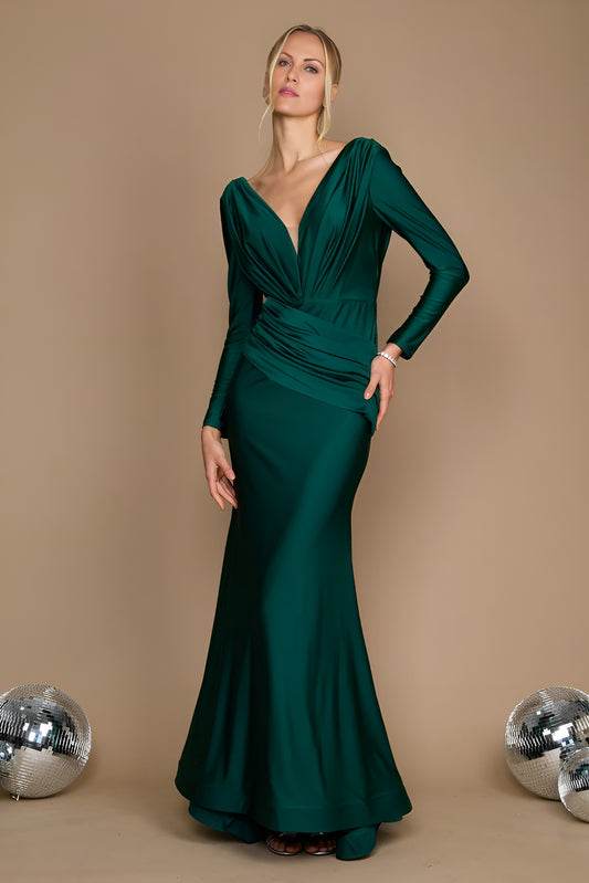 Kos Couture 1240 Long Sophisticated Sleeve Formal Fitted Evening Dress Emerald Green