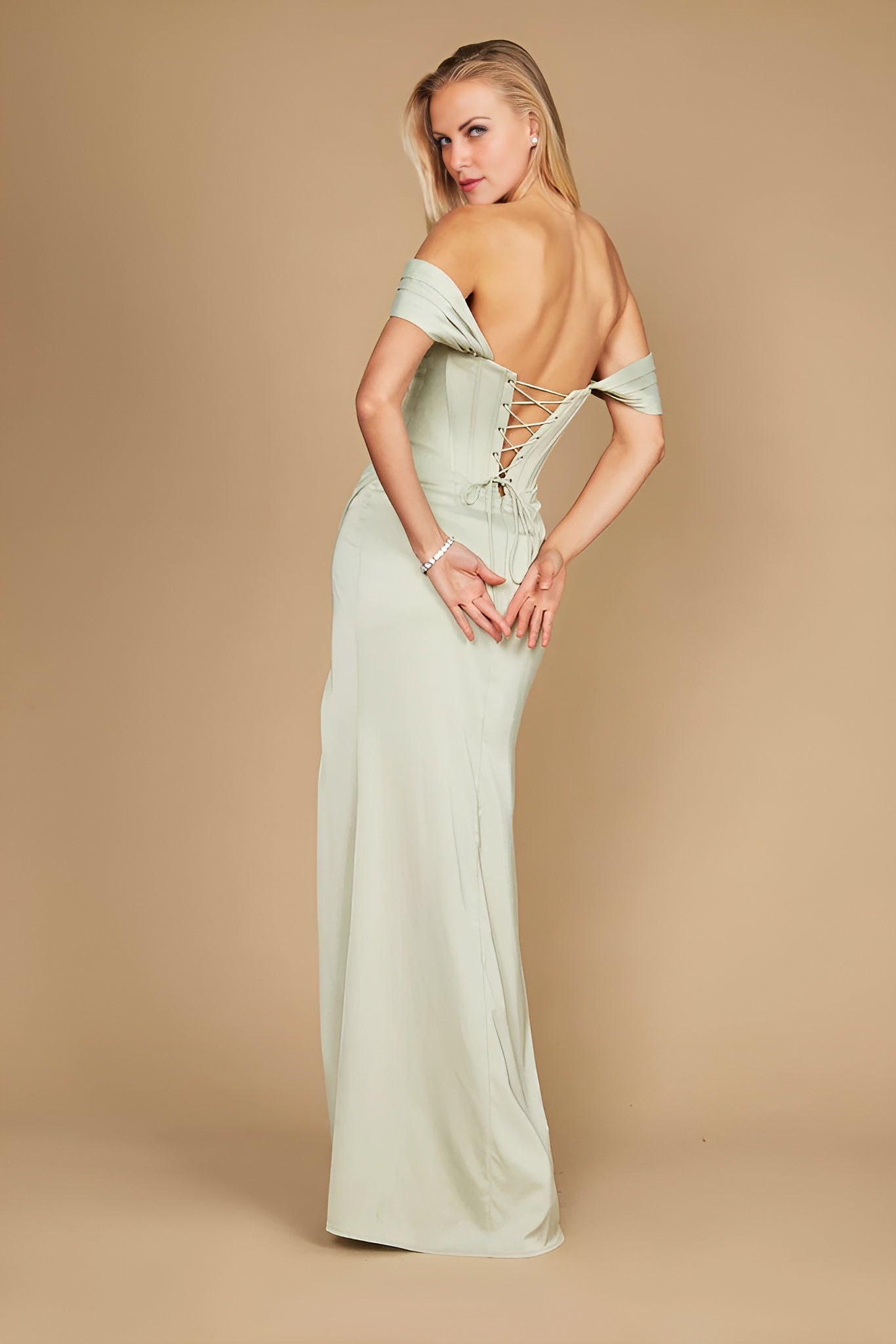 Kos Couture 1249 Corset Sophisticated Satin Formal Evening Dress Sage