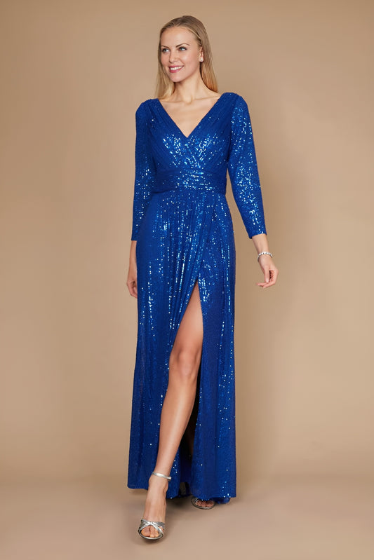 Kos Couture 1257 Long Sophisticated Sleeve Sequin Formal Hand Beaded Dress Royal Blue