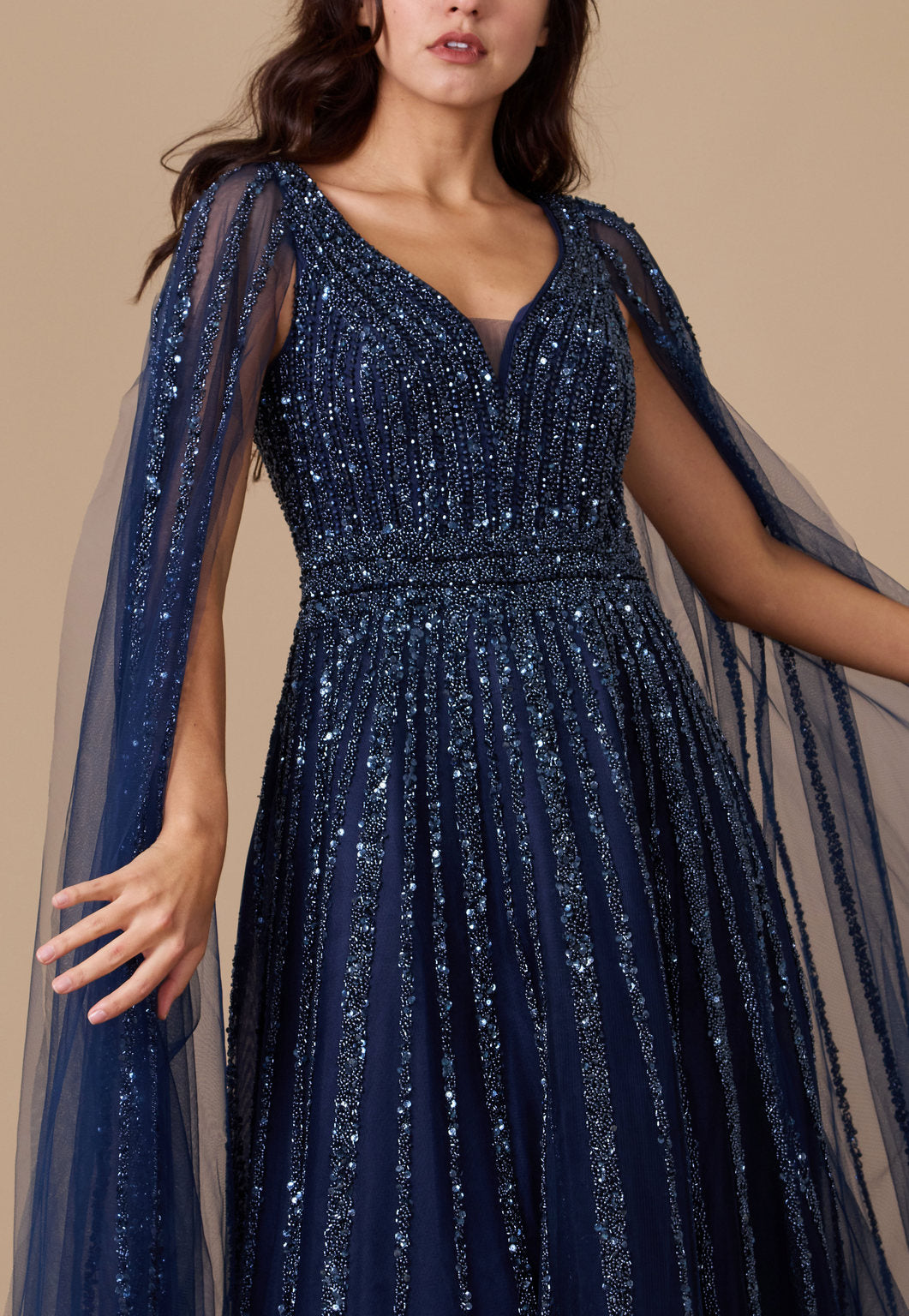 Kos Couture Cape Sleeve Heavy Beaded Couture Formal Dress