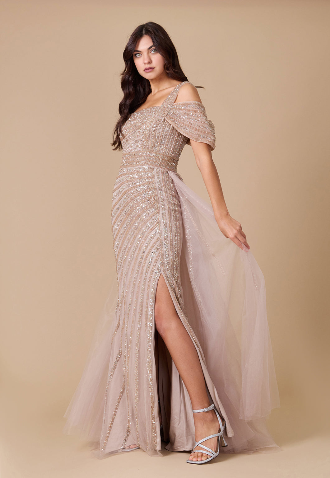 Kos Couture One Shoulder Hand Beaded Formal Couture Dress