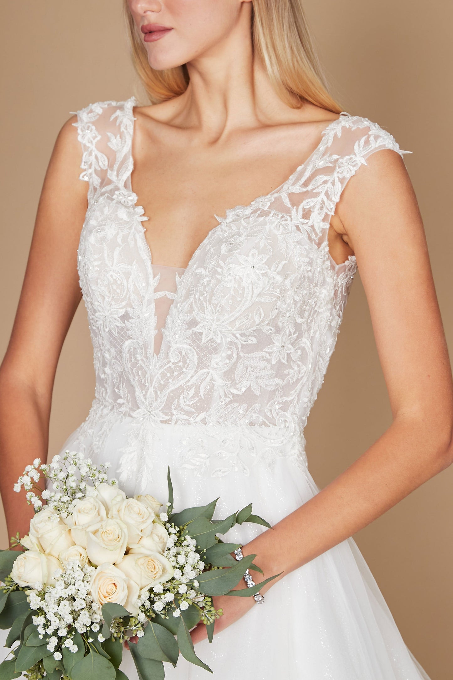 Kos Couture Long Cap Sleeve Lace Wedding Dress