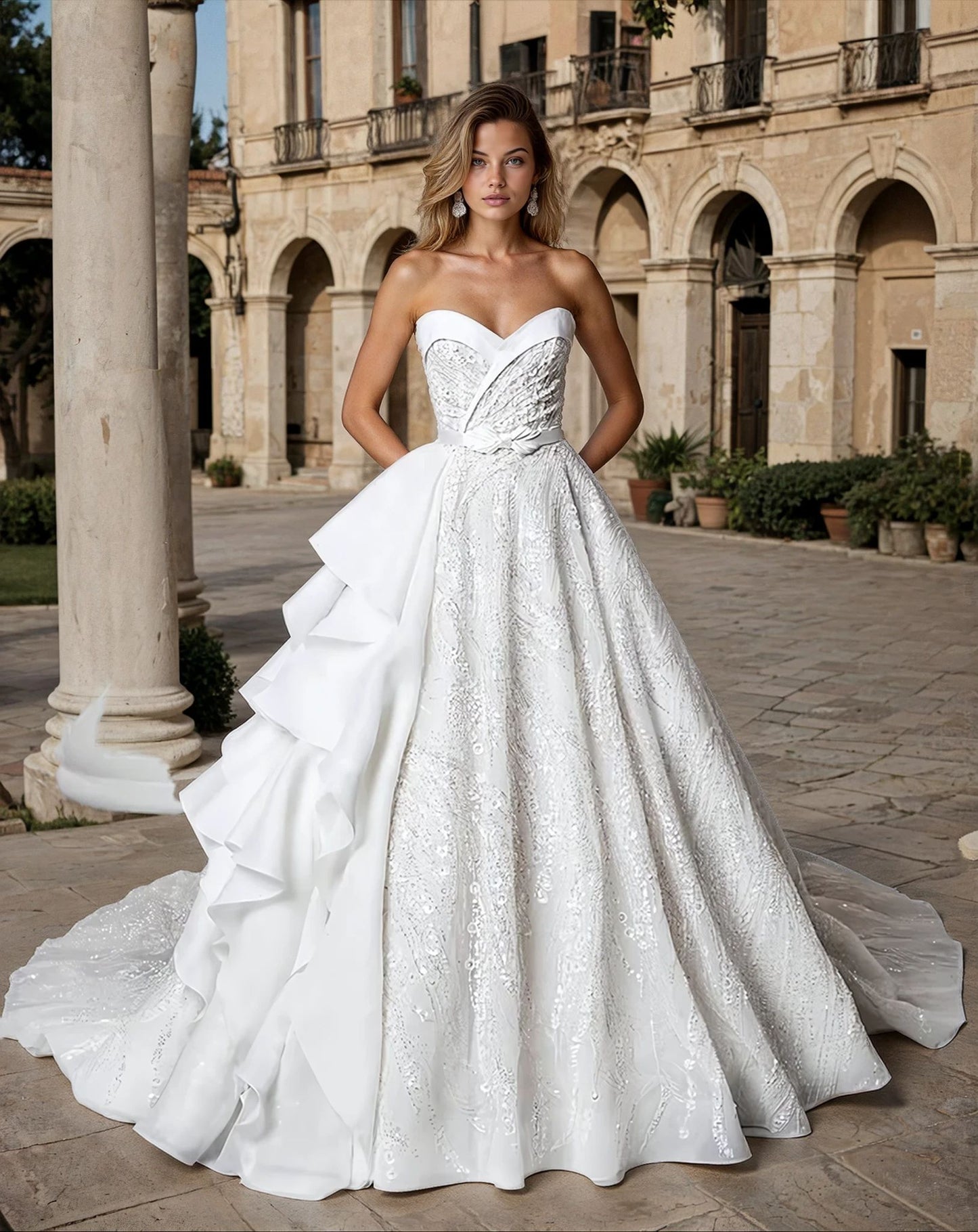 Wedding Dresses Strapless Sweetheart Ball Gown with Ruffled Skirt and Sequin Embroidery White