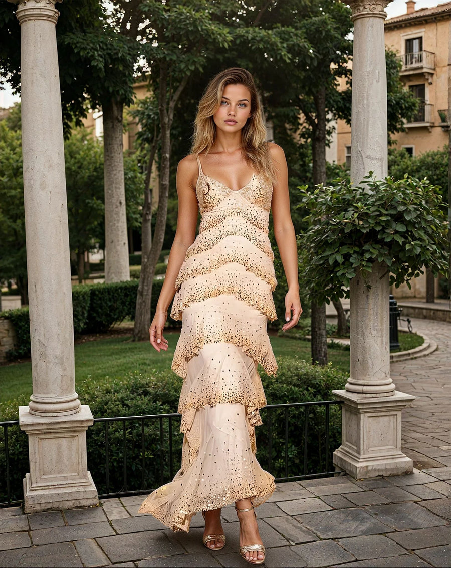 Kos Couture Tiered Sequin Lace Gown with Spaghetti Straps