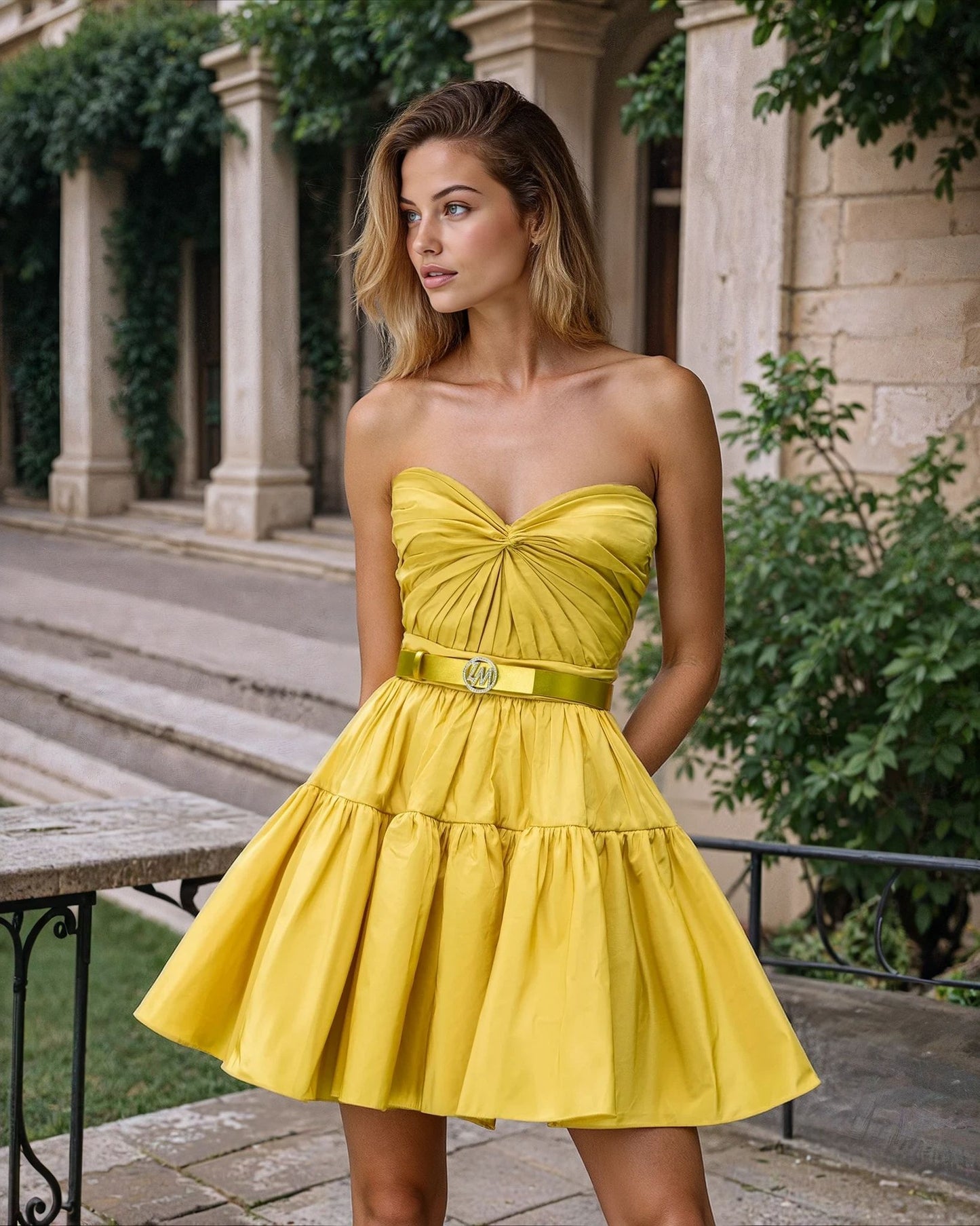 Kos Couture Strapless Pleated Satin Mini Dress with Belted Waist