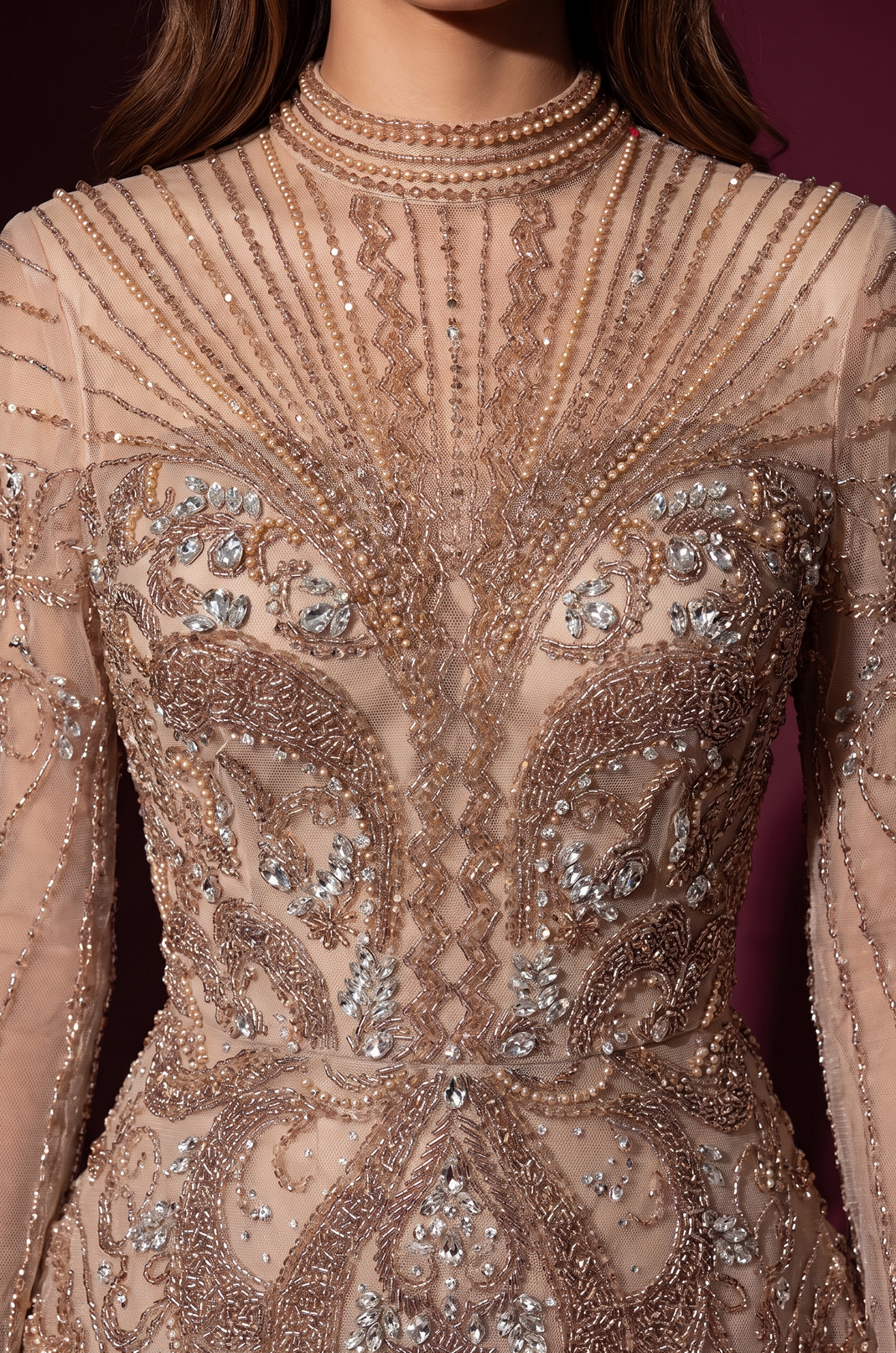 Formal Beaded Couture Long Sleeve Evening Gown