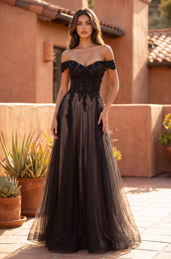 Kos Couture Long Off Shoulder Corset Formal Dress