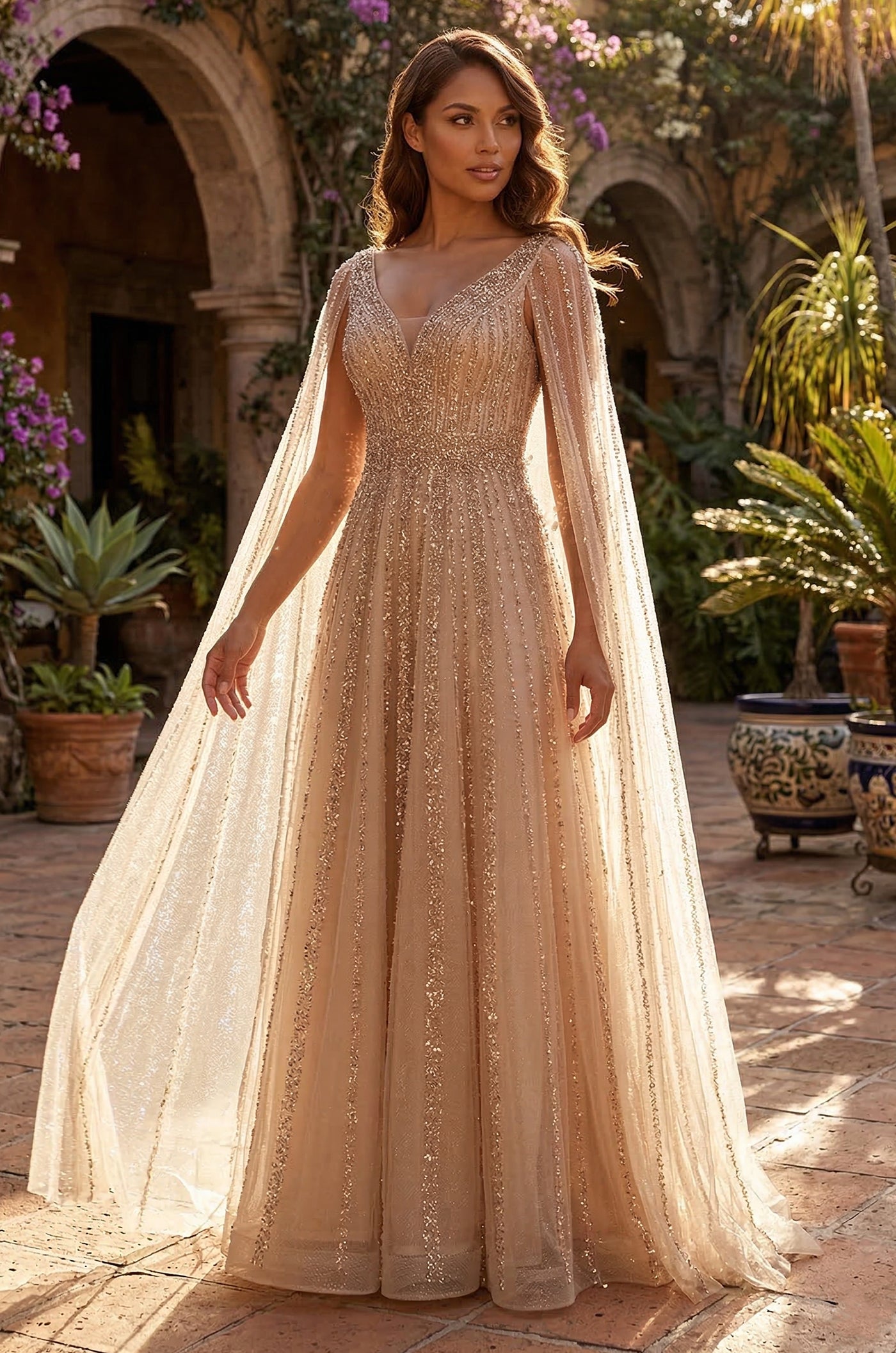 Kos Couture Cape Sleeve Heavy Beaded Couture Formal Dress
