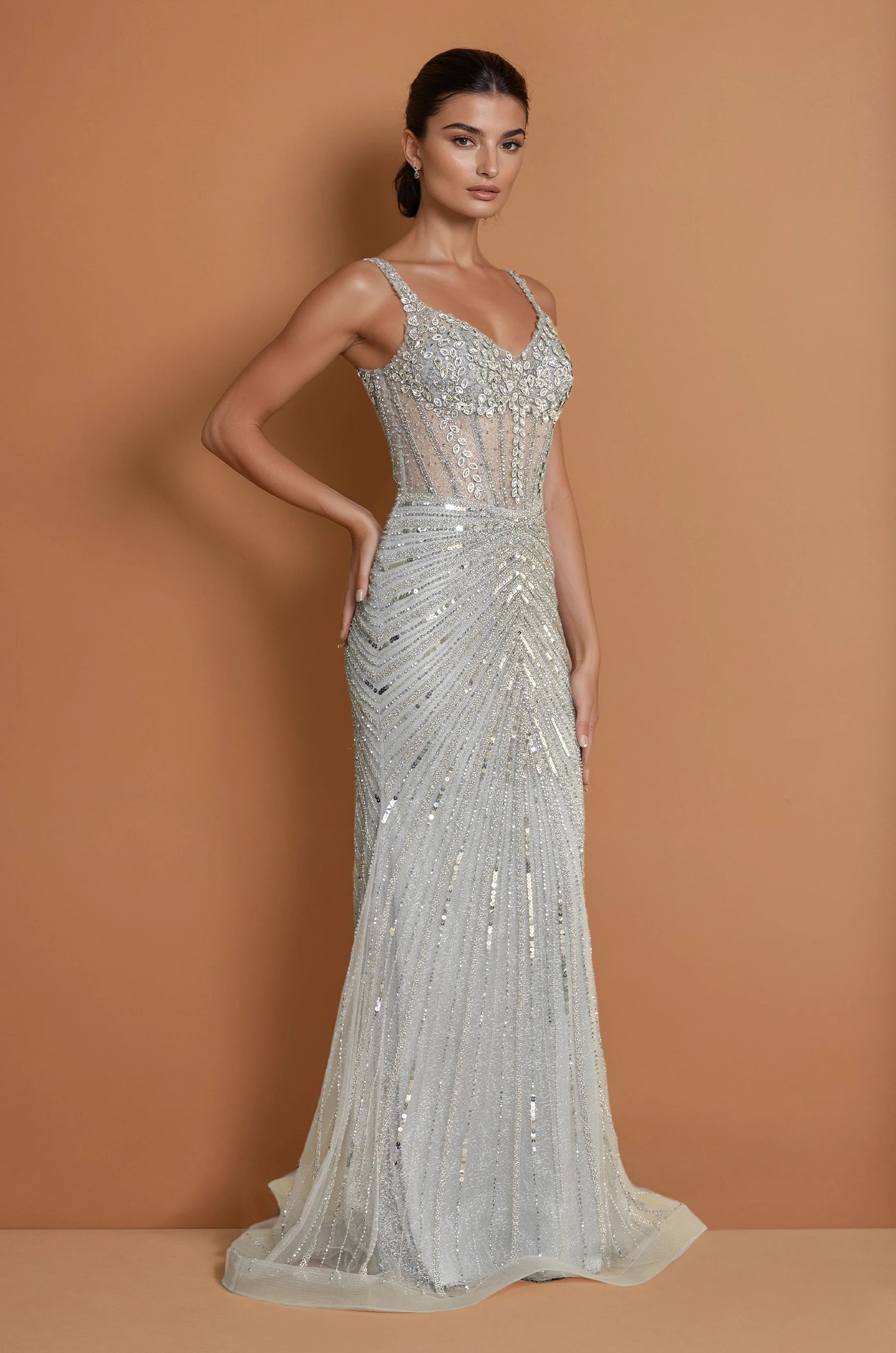 Formal Dresses Hand Beaded Long Formal Full Sequince Couture Dress Charcoal