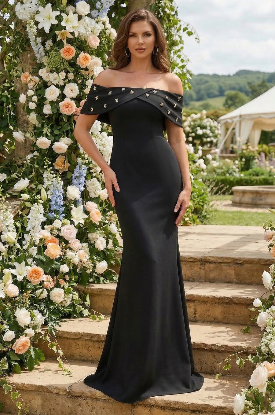 Kos Couture Long Crepe Off Shoulder Jewel Trim Formal Column Gown
