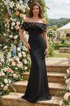 Kos Couture Long Crepe Off Shoulder Jewel Trim Formal Column Gown