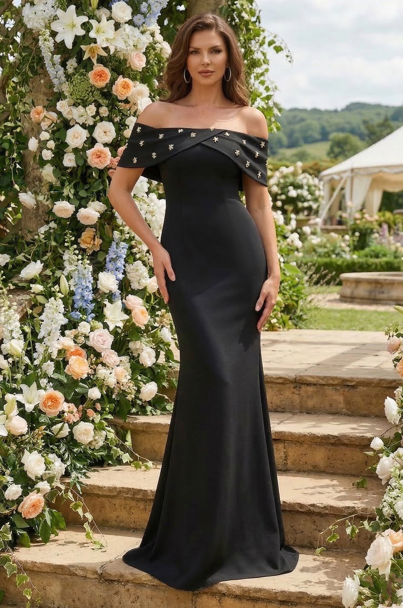 Kos Couture Long Crepe Off Shoulder Jewel Trim Formal Column Gown