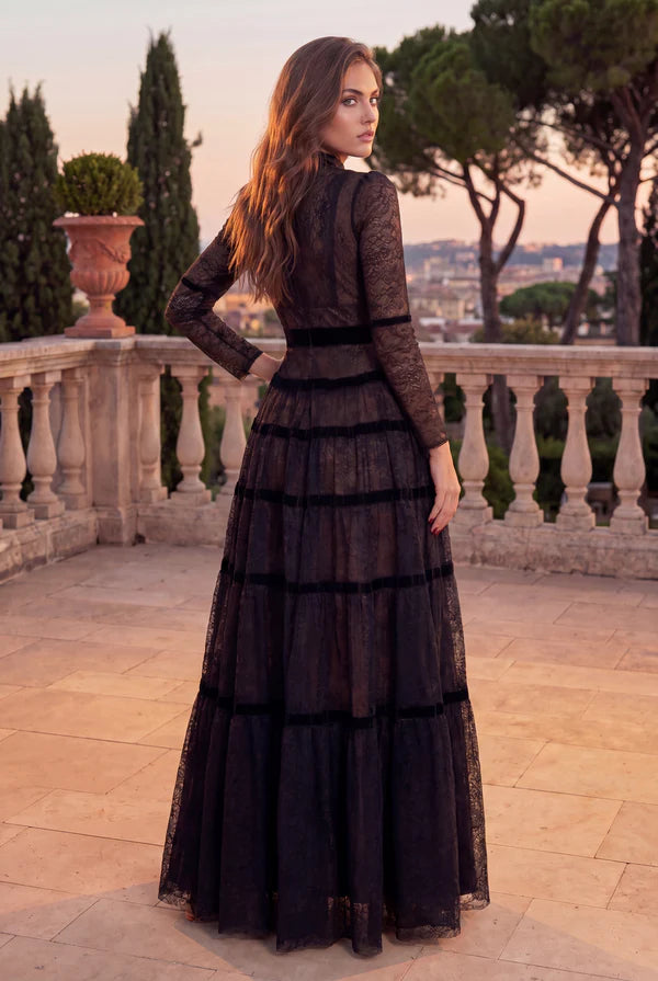 Kos Couture Long Sleeve Formal Tiered A Line Lace Evening Dress