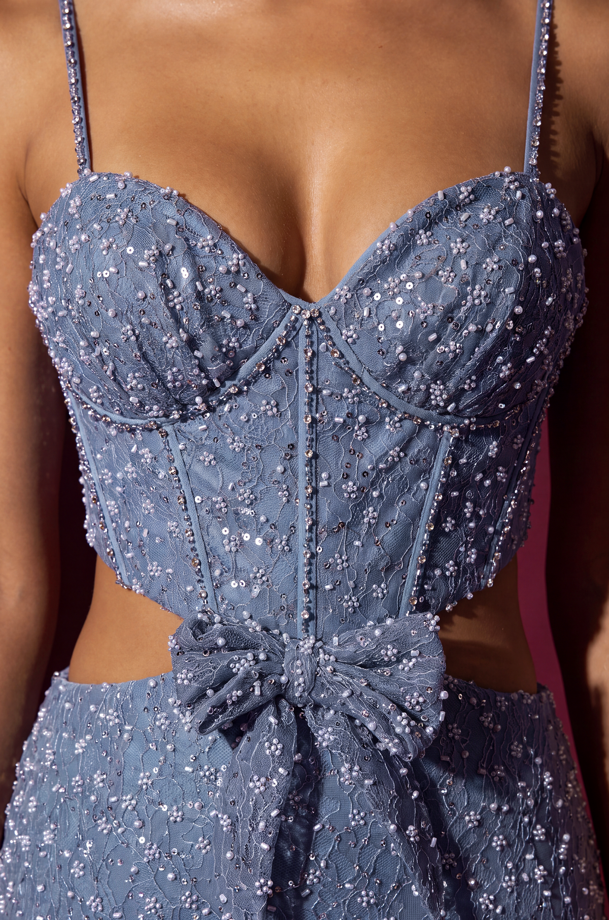 Kos Couture Prom Long Beaded Side Cut Out with Bow Dress
