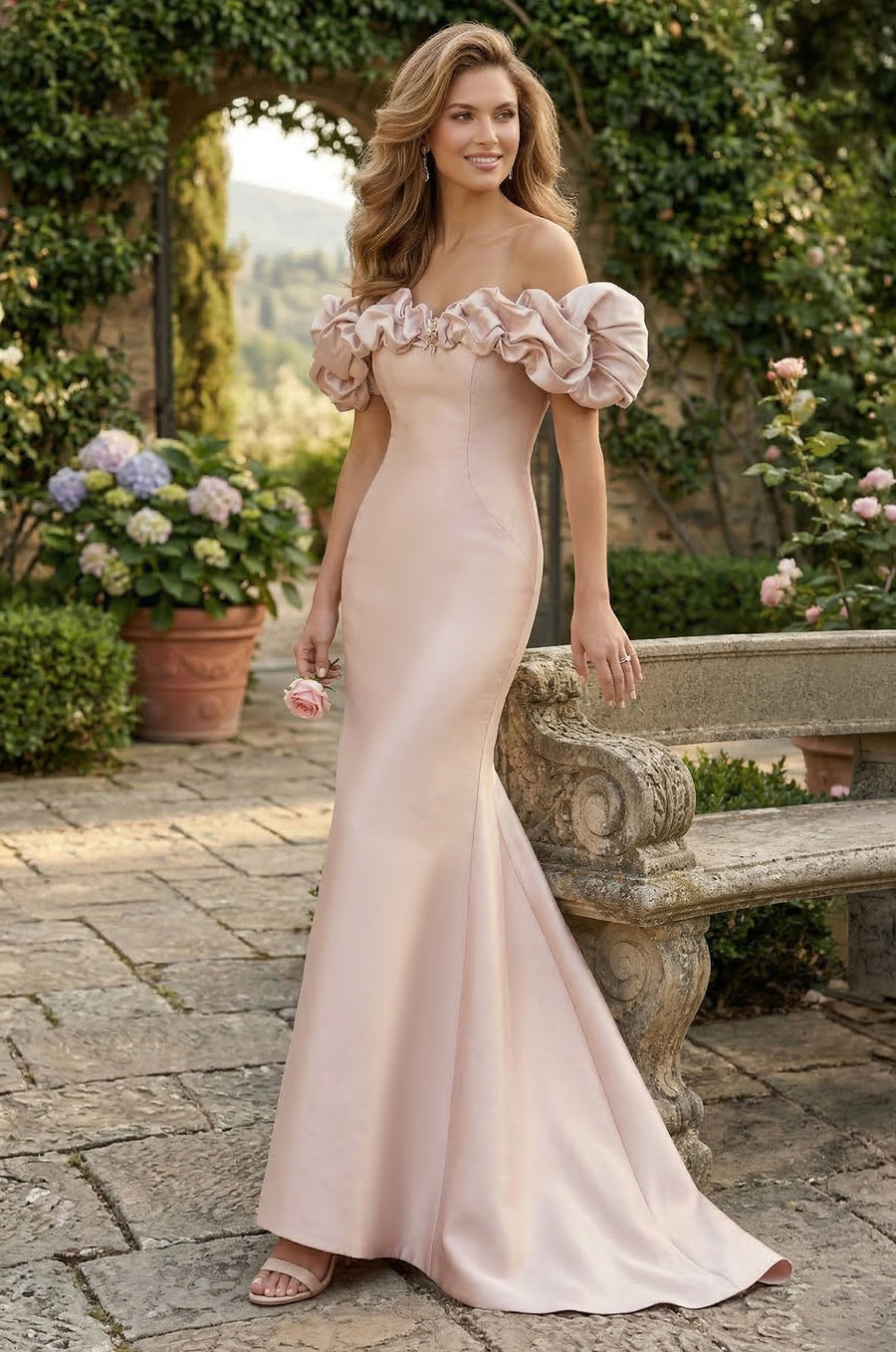 Kos Couture Ruffled Sleeve Long Formal Evening Dress