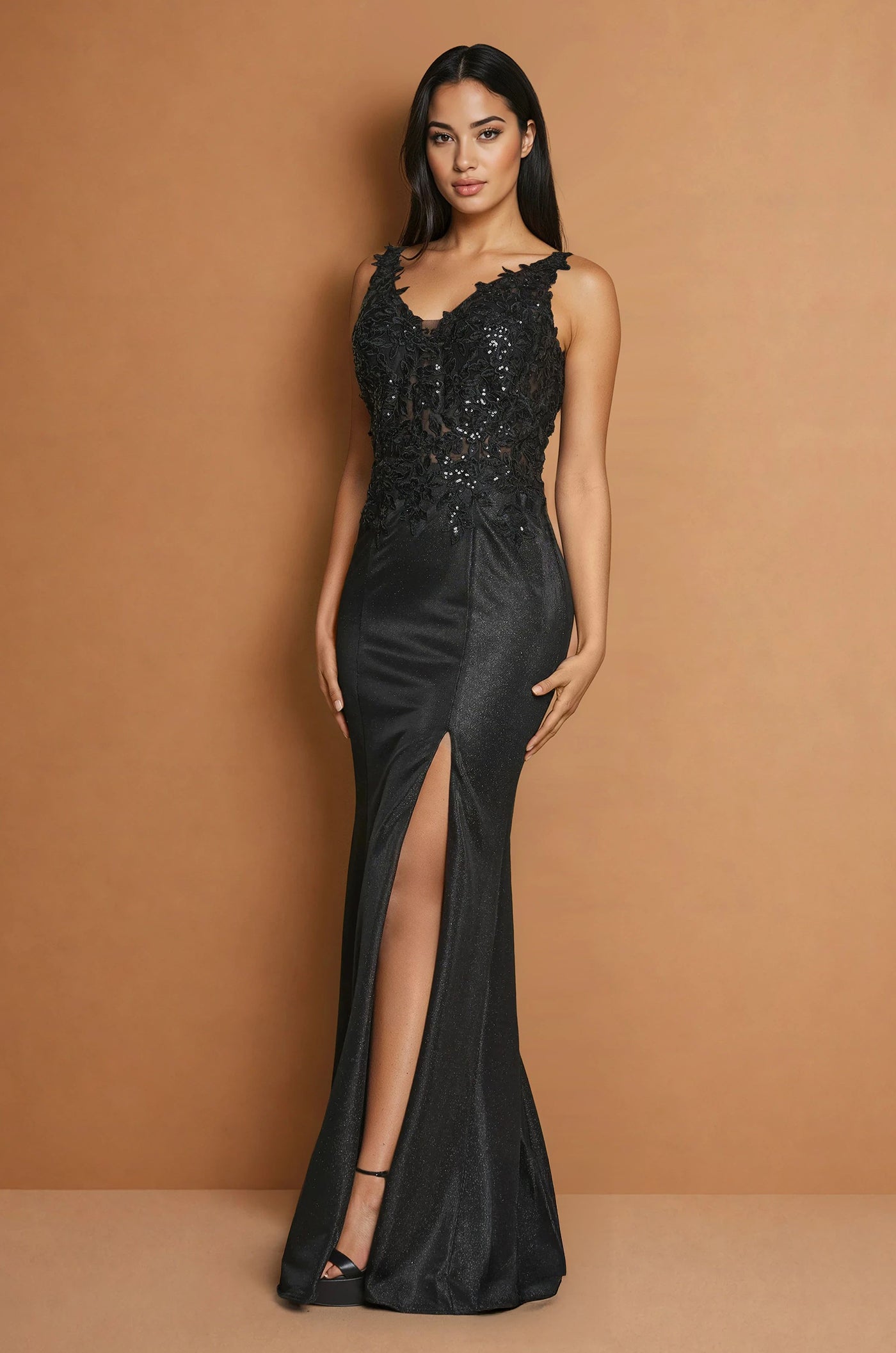 Formal Dresses Long V Neck Metalic Formal Dress Black