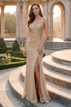 Kos Couture Long V Neck Metalic Formal Dress