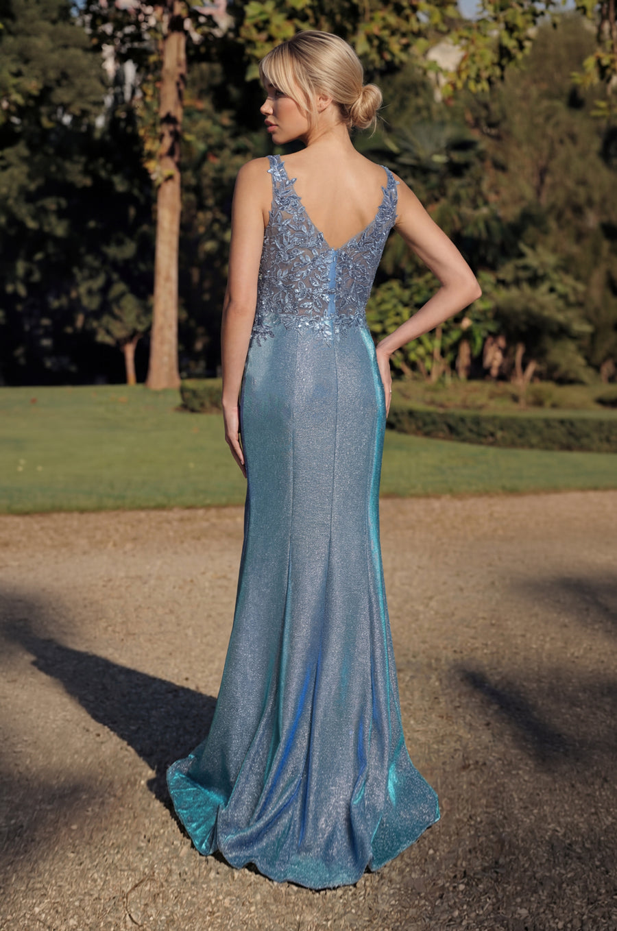 Kos Couture Long V Neck Metalic Formal Dress