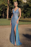 Kos Couture Long V Neck Metalic Formal Dress