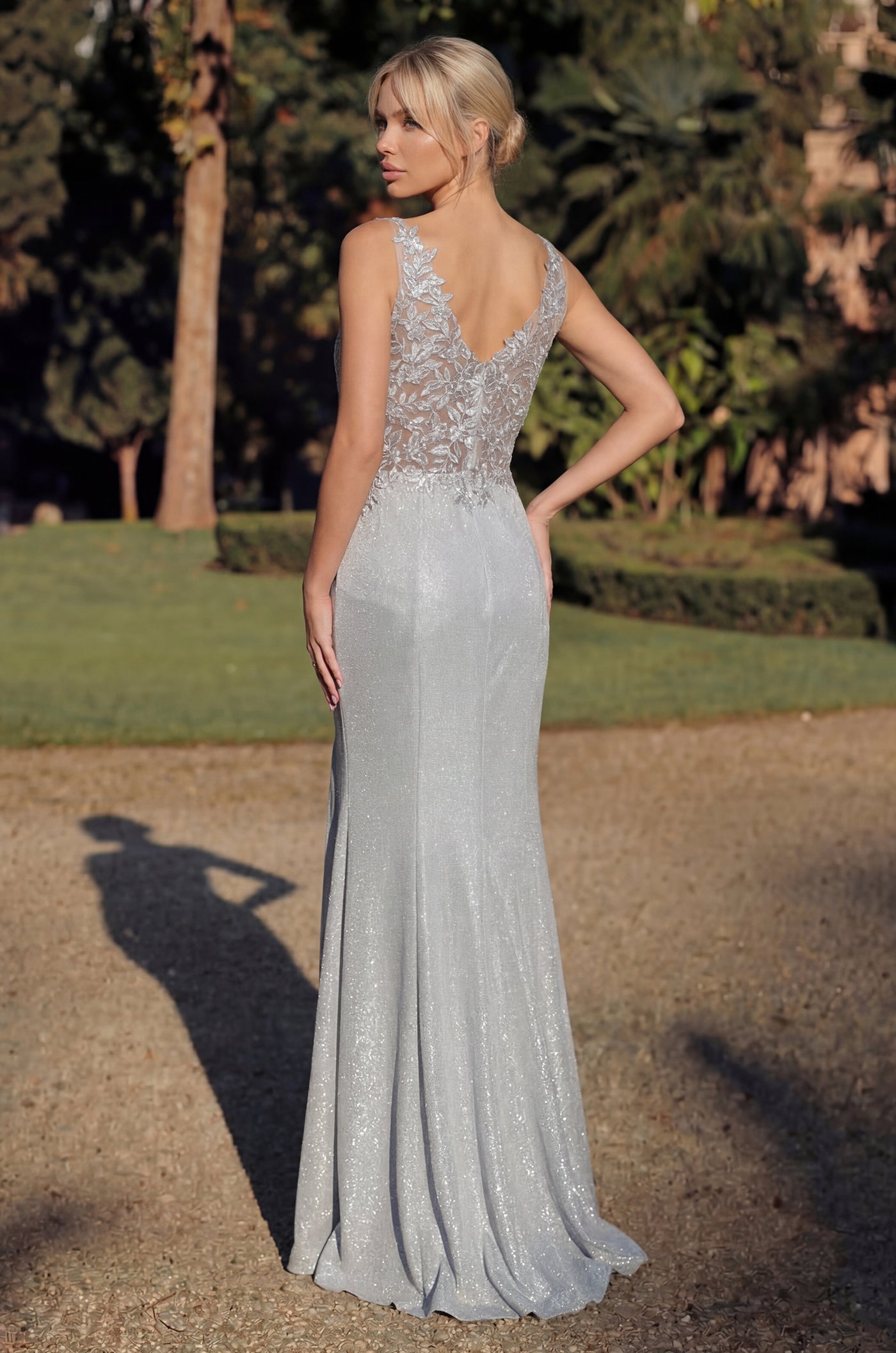 Kos Couture Long V Neck Metalic Formal Dress