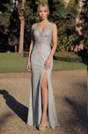 Kos Couture Long V Neck Metalic Formal Dress