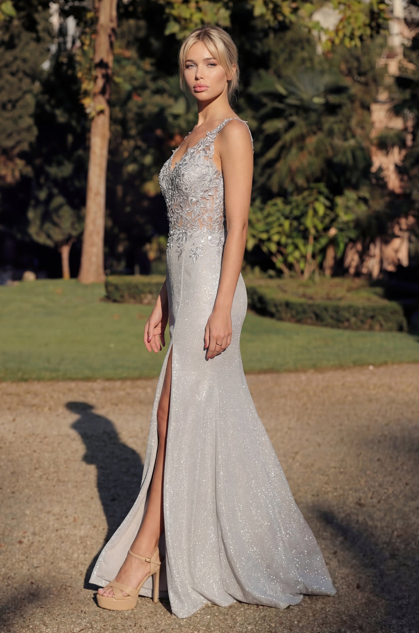 Kos Couture Long V Neck Metalic Formal Dress