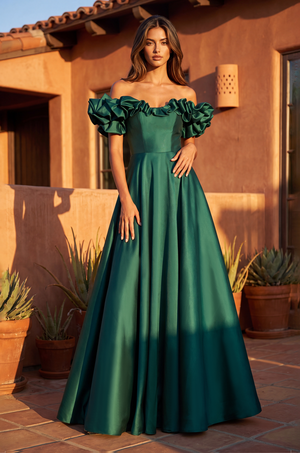 Kos Couture Long Ball Gown Satin Ruffle Off Shoulder Prom Dress
