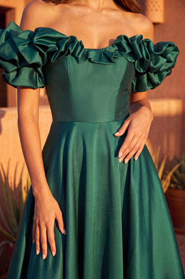 Kos Couture Long Ball Gown Satin Ruffle Off Shoulder Prom Dress