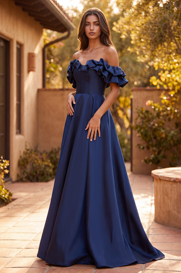 Kos Couture Long Ball Gown Satin Ruffle Off Shoulder Prom Dress