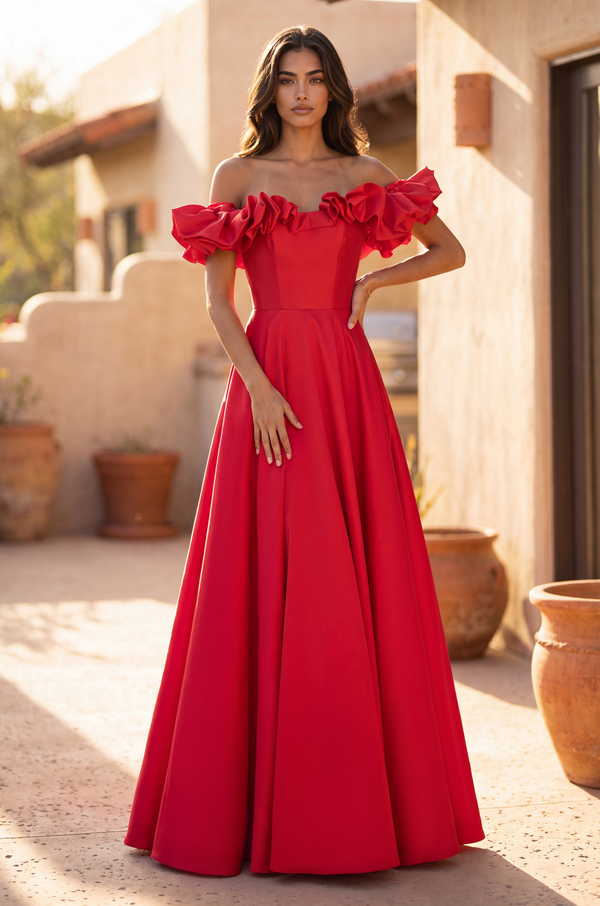 Kos Couture Long Ball Gown Satin Ruffle Off Shoulder Prom Dress