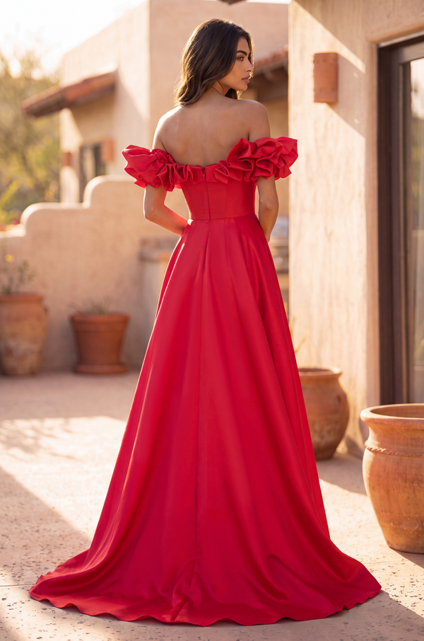 Kos Couture Long Ball Gown Satin Ruffle Off Shoulder Prom Dress