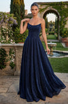 Prom Dresses Metallic Long Formal A Line Corset Prom Dress Navy