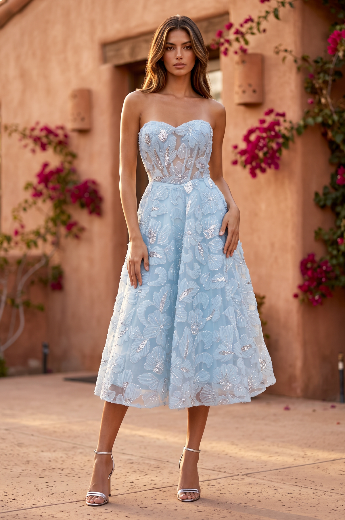 Kos Couture Strapless Formal A Line Floral Lace Midi Cocktail Dress