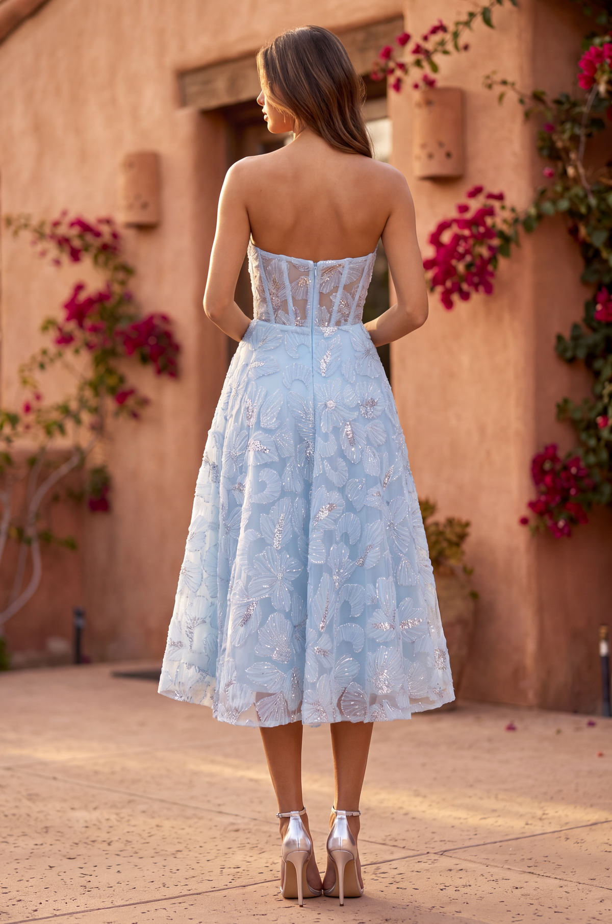 Kos Couture Strapless Formal A Line Floral Lace Midi Cocktail Dress