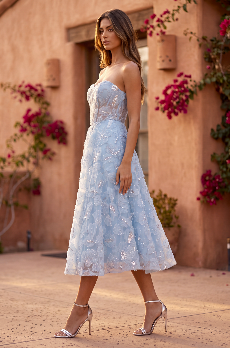 Kos Couture Strapless Formal A Line Floral Lace Midi Cocktail Dress