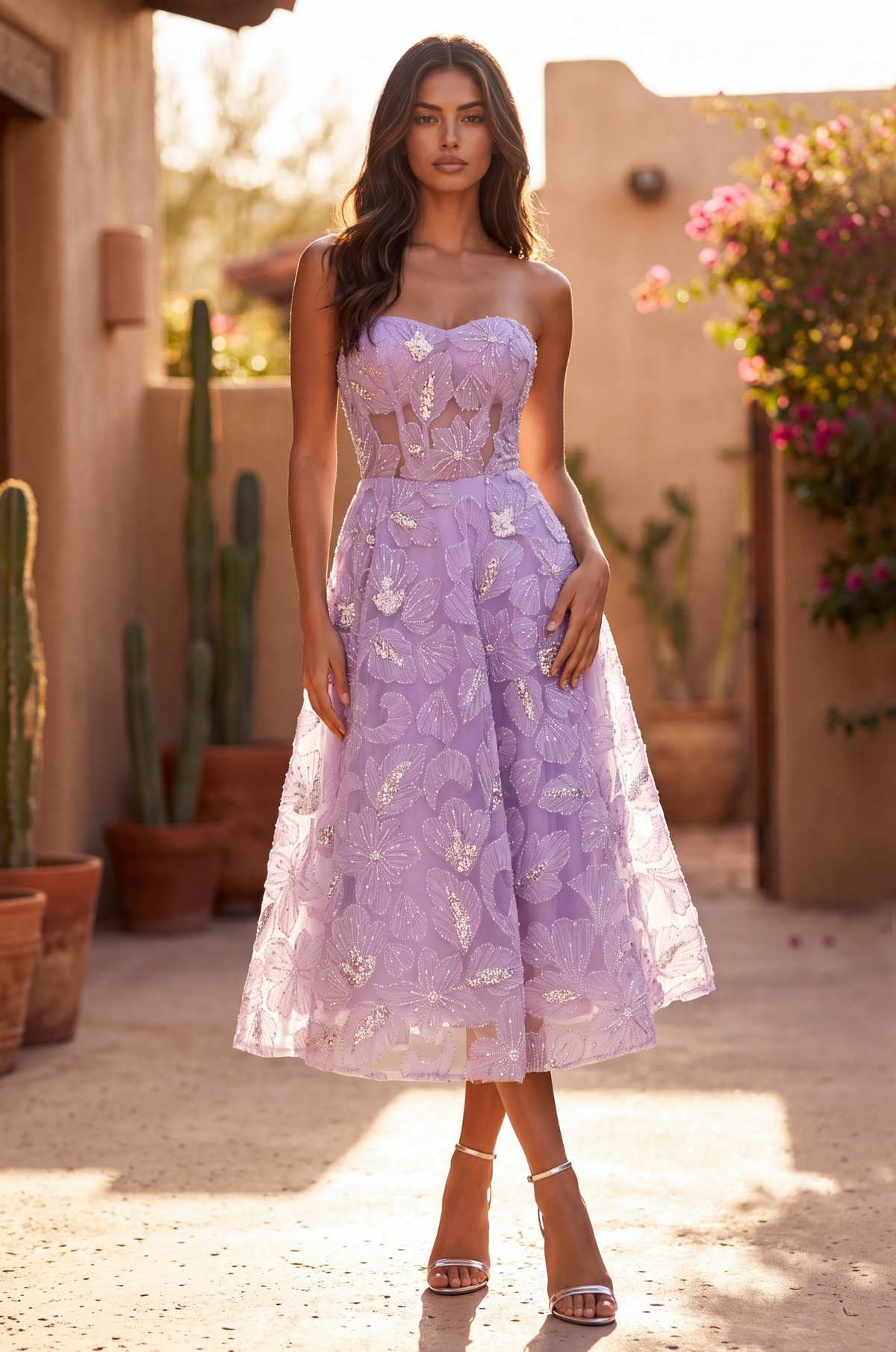 Kos Couture Strapless Formal A Line Floral Lace Midi Cocktail Dress
