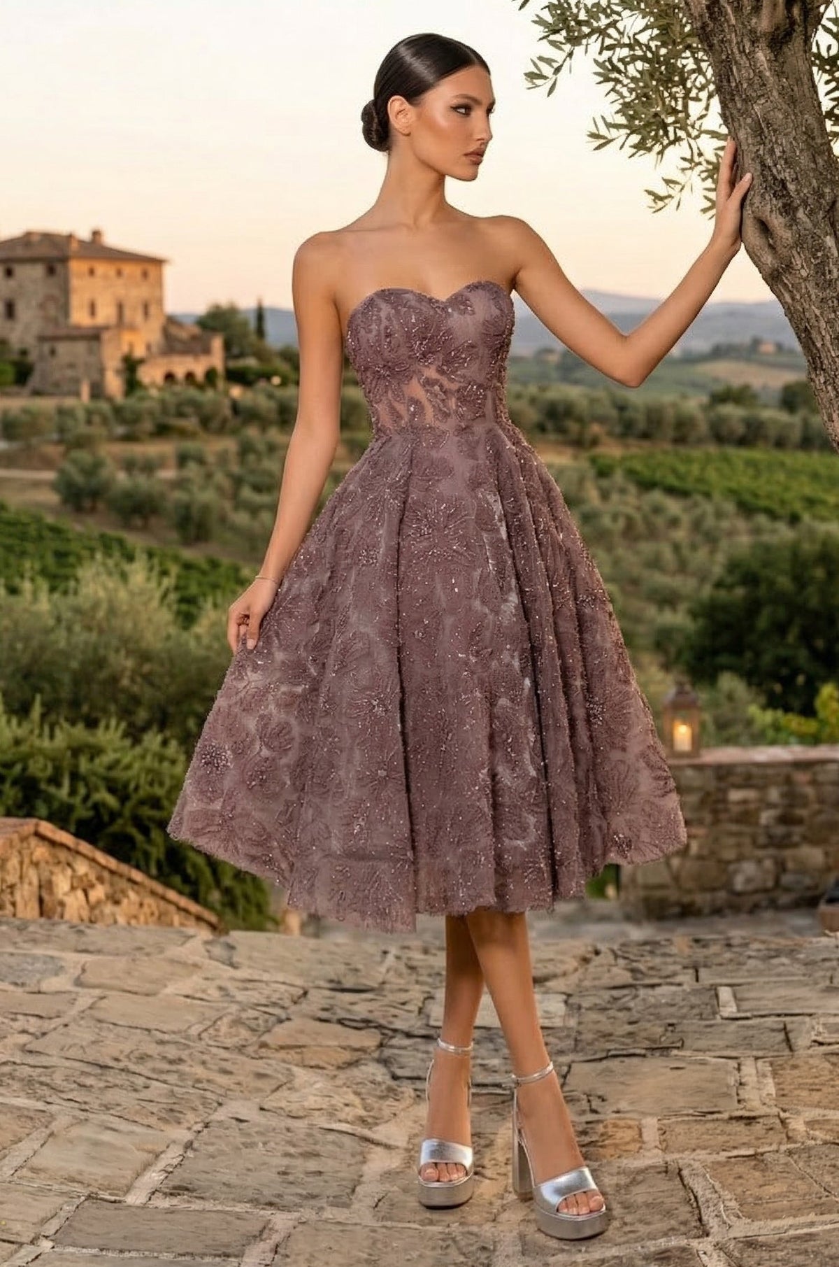 Kos Couture Strapless Formal A Line Floral Lace Midi Cocktail Dress