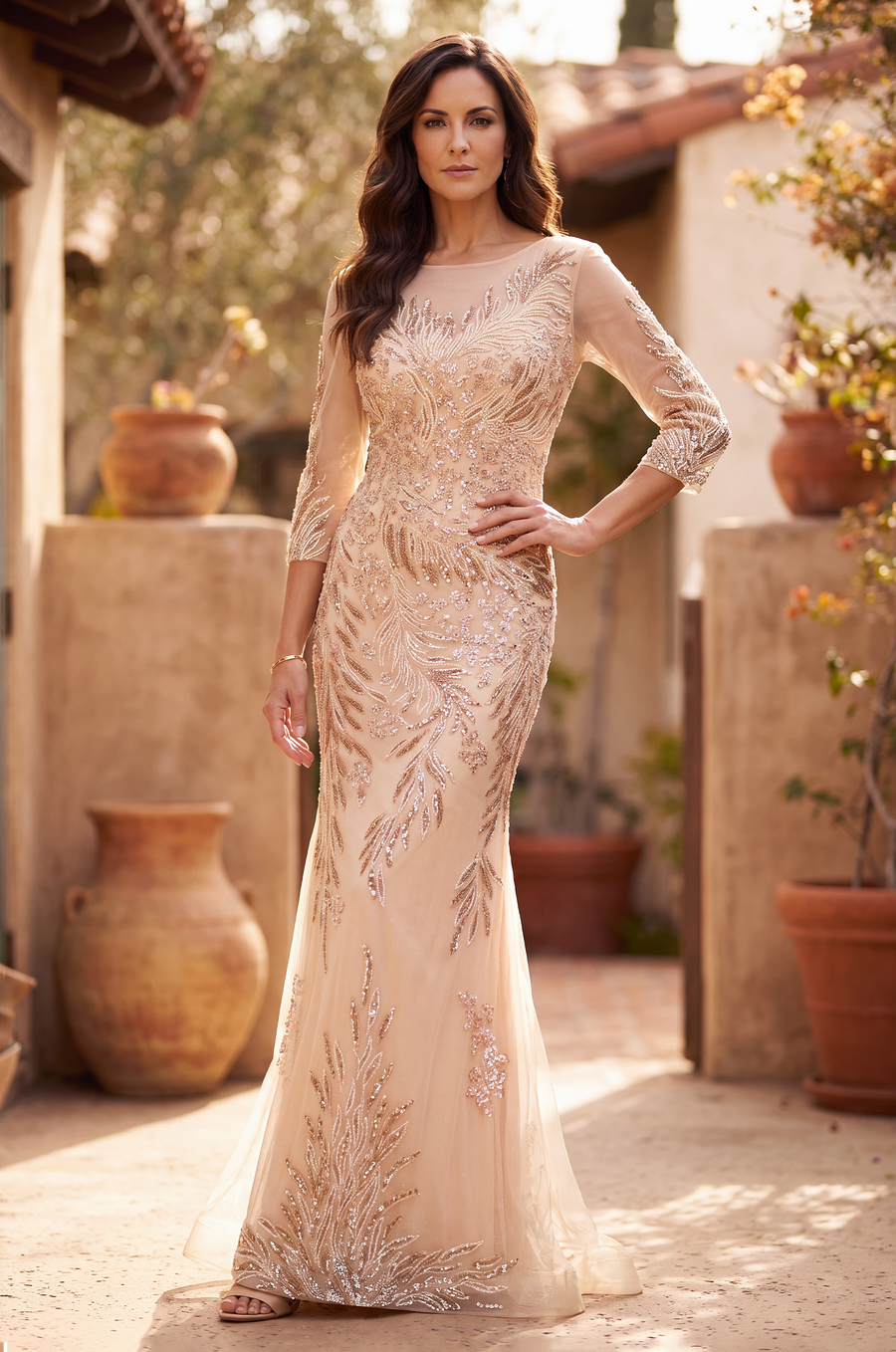 Kos Couture Long Sleeve Formal Feather Sequins Evening Dress
