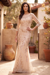 Kos Couture Long Sleeve Formal Feather Sequins Evening Dress