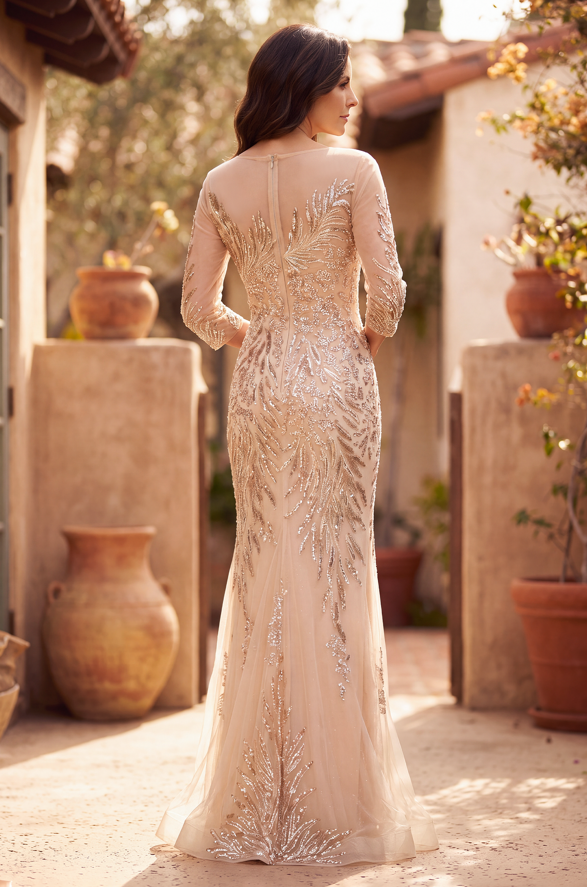 Kos Couture Long Sleeve Formal Feather Sequins Evening Dress