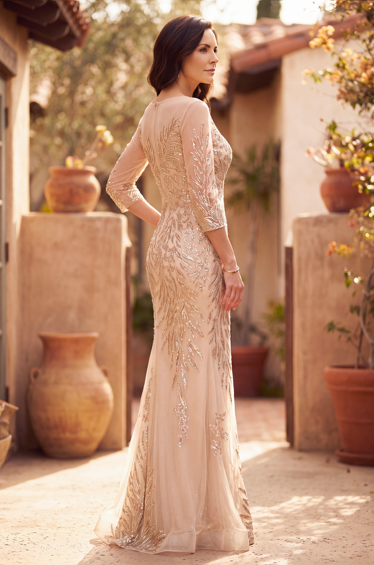 Kos Couture Long Sleeve Formal Feather Sequins Evening Dress