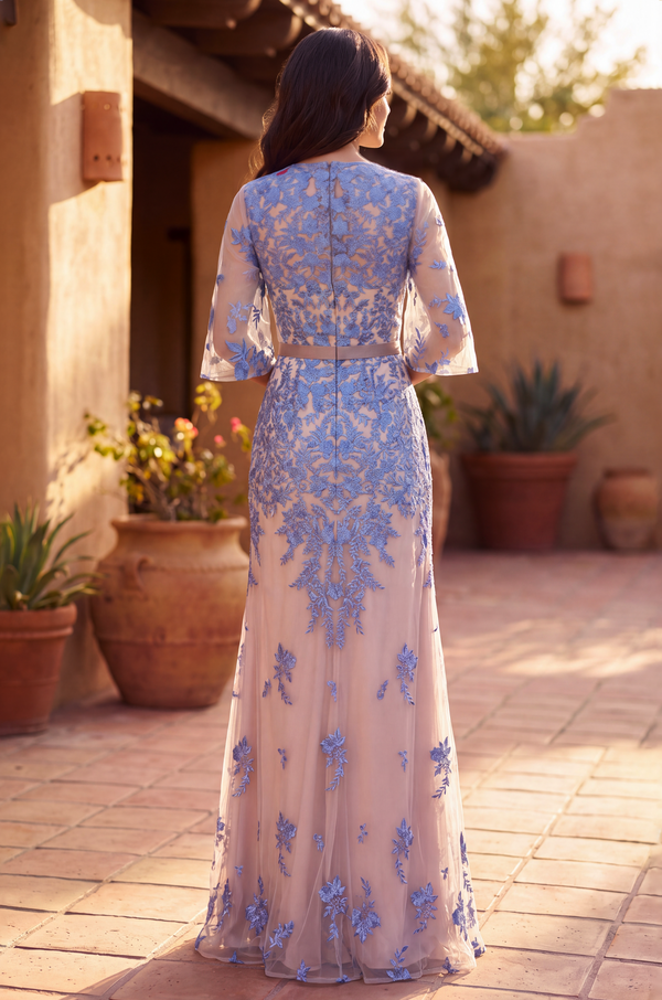 Kos Couture Long Floral Lace Formal Flutter Sleeve Evening Dress