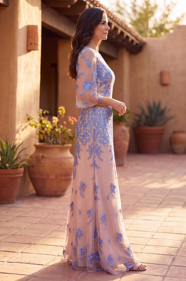 Kos Couture Long Floral Lace Formal Flutter Sleeve Evening Dress