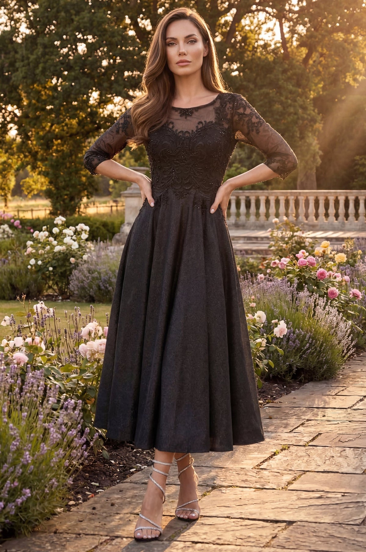 Kos Couture Glitter Swirl Embroidered A Line Formal Dress